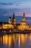 View of the Brühl Terrace with Hausmann Tower and Hofkirche and the river Elbe in the foreground at twilight, Dresden, Saxony, Germany, Europe