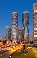 Absolute World Towers 4 & 5 (The Marilyn Monroe Towers) at night. Mississauga, Peel Region, Ontario, Canada.
