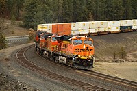 BNSF stack train at Scribner Siding, Marshall, Washington, USA.