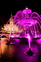 Fountain and Parliament Building, Hotel du Parlement, Quebec City, Quebec, Canada, night.