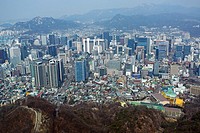 General city skyline view of the buildings of Myeongdong in Seoul, Korea.