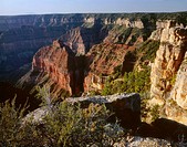 USA, Arizona, Grand Canyon National Park, North Rim, View south from Point Imperial towards canyon depths and flat topped Walhalla Plateau.