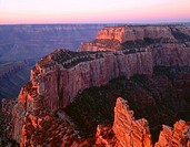 USA, Arizona, Grand Canyon National Park, North Rim, Sunrise light brightens Wotans Throne and surrounding canyon, from Cape Royal.