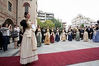 Group of people wearing old traditional clothes participating at a festival at Veroia at North Greece Macedonia.
