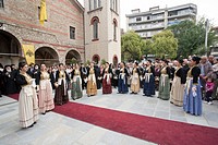 Group of people wearing old traditional clothes participating at a festival at Veroia at North Greece Macedonia.