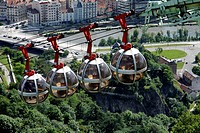 City of Grenoble with les bulles, cable car in the city. Grenoble, Isere, Auvergne Rhone Alpes, France.