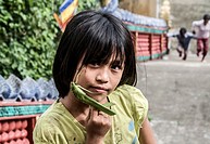 Cambodian girl makes objects with leaves for the tourists in one of the temples of Battambang city.
