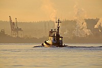 Tugboat leaving harbour in morning, Nanaimo, Vancouver Island, British Columbia.