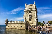 View of Belem Tower on the Tagus River. It is situated in Lisbon, Portugal