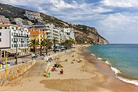 Beach of Sesimbra. The resort is situated in Portugal close to capital Lisbon.