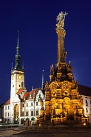 Holy Trinity Column and Town Hall at night. Olomouc, Moravia, Czech Republic.