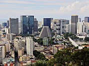 Brazil, City of Rio de Janeiro, City Center Skyline viewed from the Parque das Ruinas in Santa Teresa.