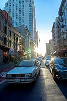 San Francisco, CA, USA, Downtown Street Scene , Sunset light effect.