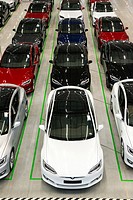Tilburg, Netherlands. Brand new Tesla models, stored inside their factory warehouse, waiting for delivery to customers.