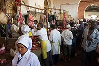 Meat market in the Benjamin Mkapa Rd in Stonetown, Stone Town, Zanzibar, Tanzania, Africa.
