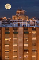 Buildings and moon, Valencia, Spain