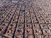 Aerial view of the quarter of ""L'Eixample"" with the characteristic grid in Barcelona.