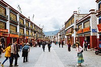 Lhasa, Tibet - The view of many Pilgrims at the Jokhang Temple Square in the daytime.