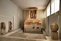Pireus Museum, room with Grave monument of Nikeratos and his son Polyxenos, metics from Istros on the Black Sea coast. This unique temple-like grave m...