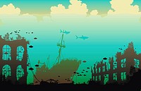 Editable vector illustration of marine life on a shipwreck and underwater city ruins