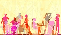 Editable vector colorful mosaic illustration of business people in an office all talking on cellphones