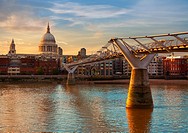 London St Paul Pauls cathedral sunset from Millennium bridge on Thames UK.