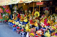 Small flower shops on the streets of Ho Chi Minh City, Vietnam.