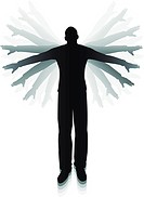 Editable vector silhouette of a man flapping his arms trying to fly