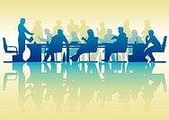 Editable vector silhouette of people in a meeting with reflection