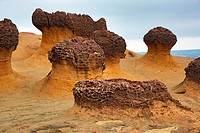 Rock formations at the Yehliu GeoPark, part of the Daliao Miaocene Formation in Wanli in Taiwan.