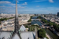 Cityscape photographed from the top of the Notre Dame Cathedral, with the Sicena River, in Paris, France.