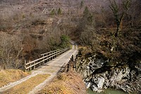 Bridge in rocky mountains above river, Lim river shore, Montenegro/Serbian boundary.