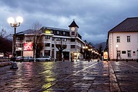 Center of town, central square with clock tower, Kolasin, Montenegro.