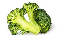 Closeup of whole and half broccoli isolated on white background.