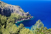 Walking path nature landscape sea view in Tramuntana mountains between Soller and Cala Tuent, Mallorca, Spain.