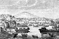 The Athenian fleet attacking Syracuse in Sicily, 415 BC, Peloponnesian War.