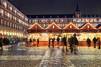 Christmas Market in Plaza Mayor at Christmastime. Madrid. Spain.