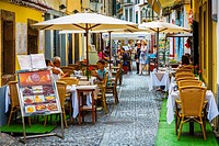 Restaurant in Santa Maria street. Old quarter. Funchal, Madeira, Portugal, Europe.