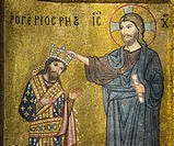 12th Century Mosaic panel depicting King Roger II being crowned by Christ in La Martorana church in the Piazza Bellini, Palermo.