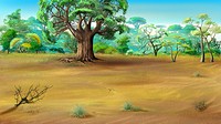 Digital painting of the African Savannah in a summer day with big baobab on background.