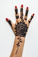 Woman hand with Henna tattoo, Casablanca, Morocco.