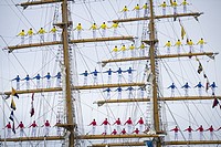 Crew of Colombian navy training ship, ARC Gloria, climb the rigging as the ship departs Las Palmas on Gran Canaria as the ship sets sail for Colombia ...