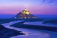 Mont St Michel, Sunset, Mont-Saint-Michel, Benedictine abbey, Pontorson, UNESCO, World Heritage Site, Manche, Normandy, France. .