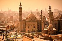 Minarets of Sultan Hassan mosque and el rifaie mosque. cairo. at sunset, view from citadel