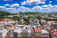 Aerial view from tower of Town Hall with Corpus Christi Dominican Church and Dormition Church also known as Wallachian Church in Lviv city, Ukraine.