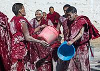 Tibetan monks enjoying a water fight after the yearly renovation of the Rongwo monastery, Tongren County, Longwu, China.