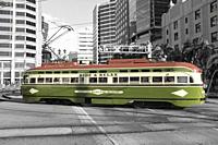 Vintage trolley riding in downtown San Diego, California