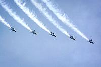 The United States Navy precision flying team, the Blue Angles perform over the skies of Annapolis, Maryland.
