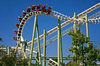 Isla Magica (Magic Island) Theme Park, The Jaguar - roller coaster (and people upside), Seville, Region of Andalusia, Spain, Europe.