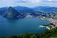 Ticino: panoramic view from Mount Bré to the city of Lugano and mount San Salvadore.
